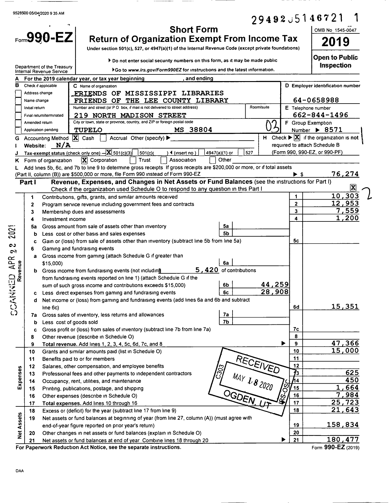 Image of first page of 2019 Form 990EZ for Friends of Mississippi Libraries Friends of the Lee County Library