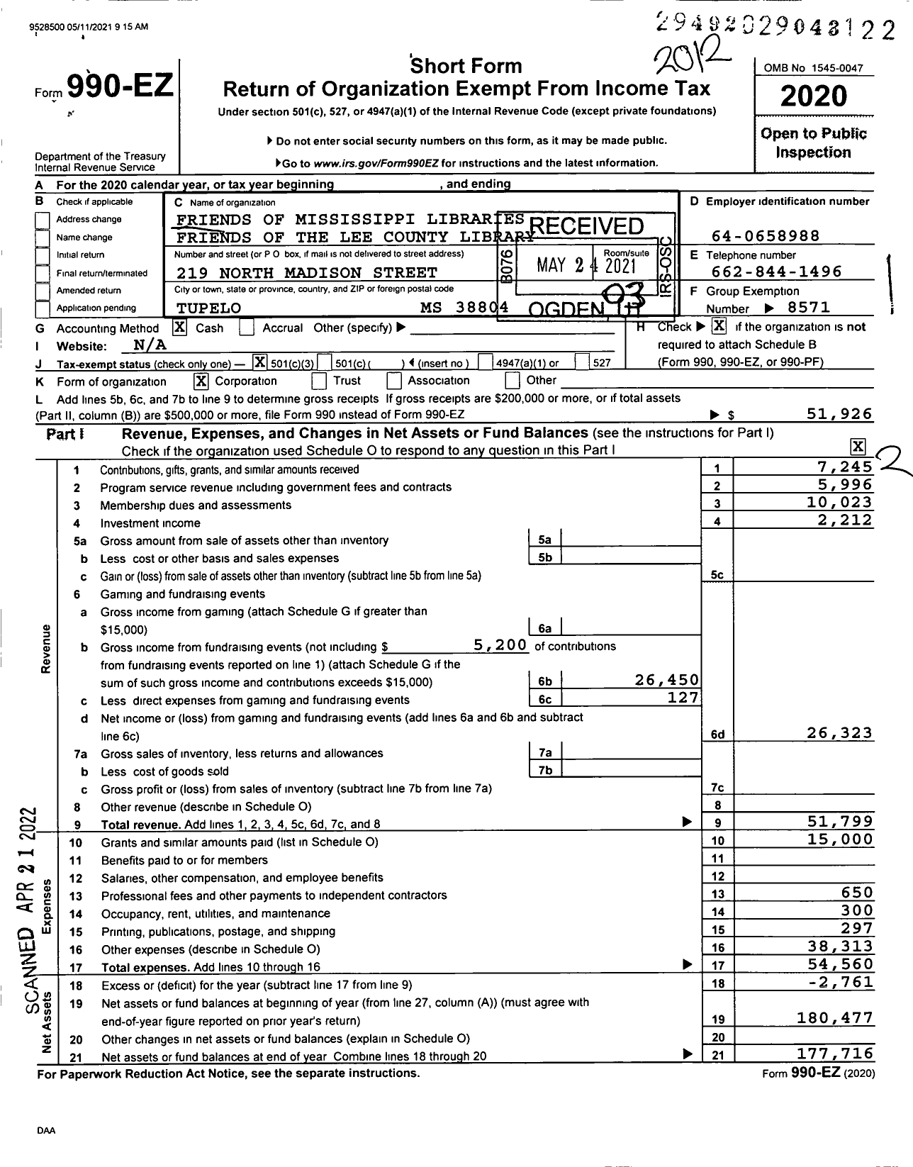 Image of first page of 2020 Form 990EZ for Friends of Mississippi Libraries Friends of the Lee County Library