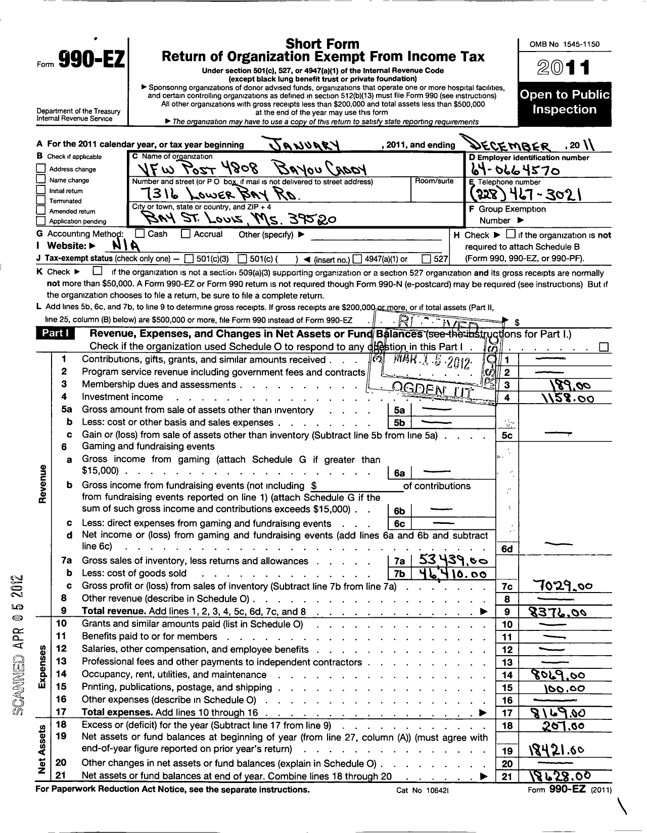 Image of first page of 2011 Form 990EO for Veterans of Foreign Wars of the United States Dept of Mississippi - 4808 Bayou Caddy Memorial Post