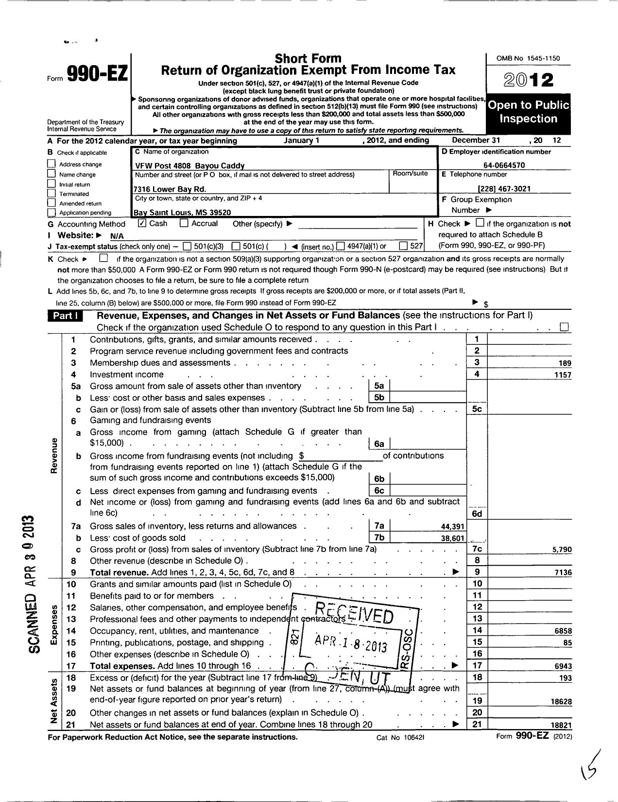 Image of first page of 2012 Form 990EO for Veterans of Foreign Wars of the United States Dept of Mississippi - 4808 Bayou Caddy Memorial Post