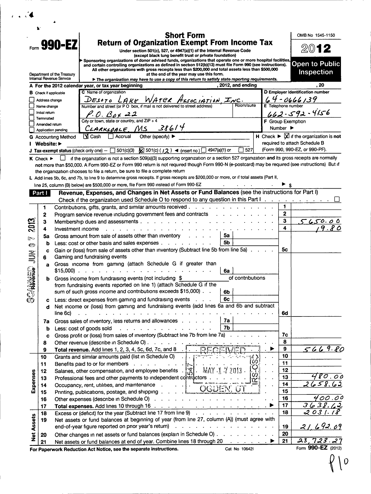 Image of first page of 2012 Form 990EO for Desoto Lake Water Association