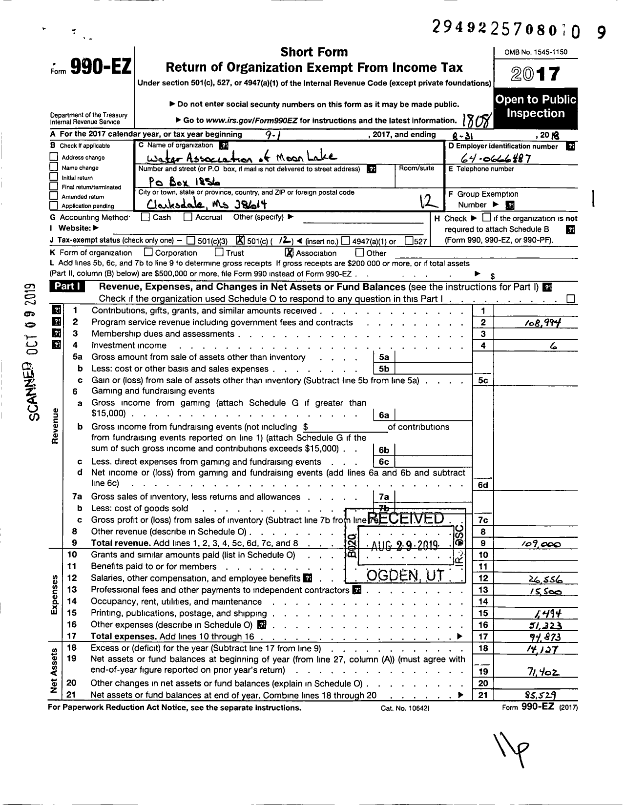 Image of first page of 2017 Form 990EO for Water Association of Moon Lake