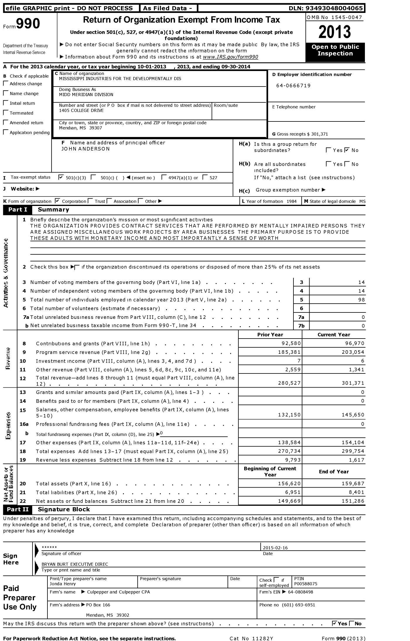 Image of first page of 2013 Form 990 for Mississippi Industries for the Developmentally Dis