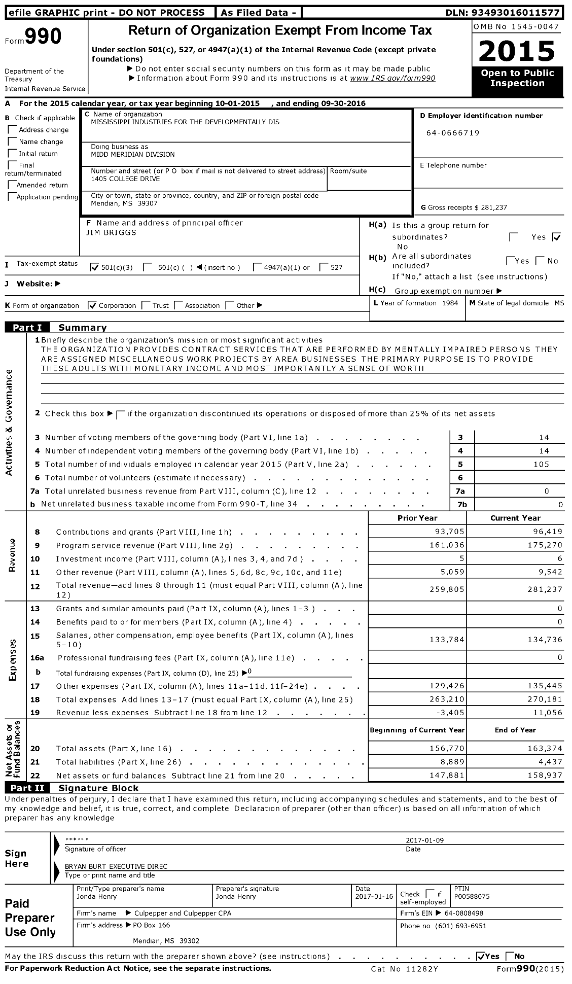 Image of first page of 2015 Form 990 for Mississippi Industries for the Developmentally Dis