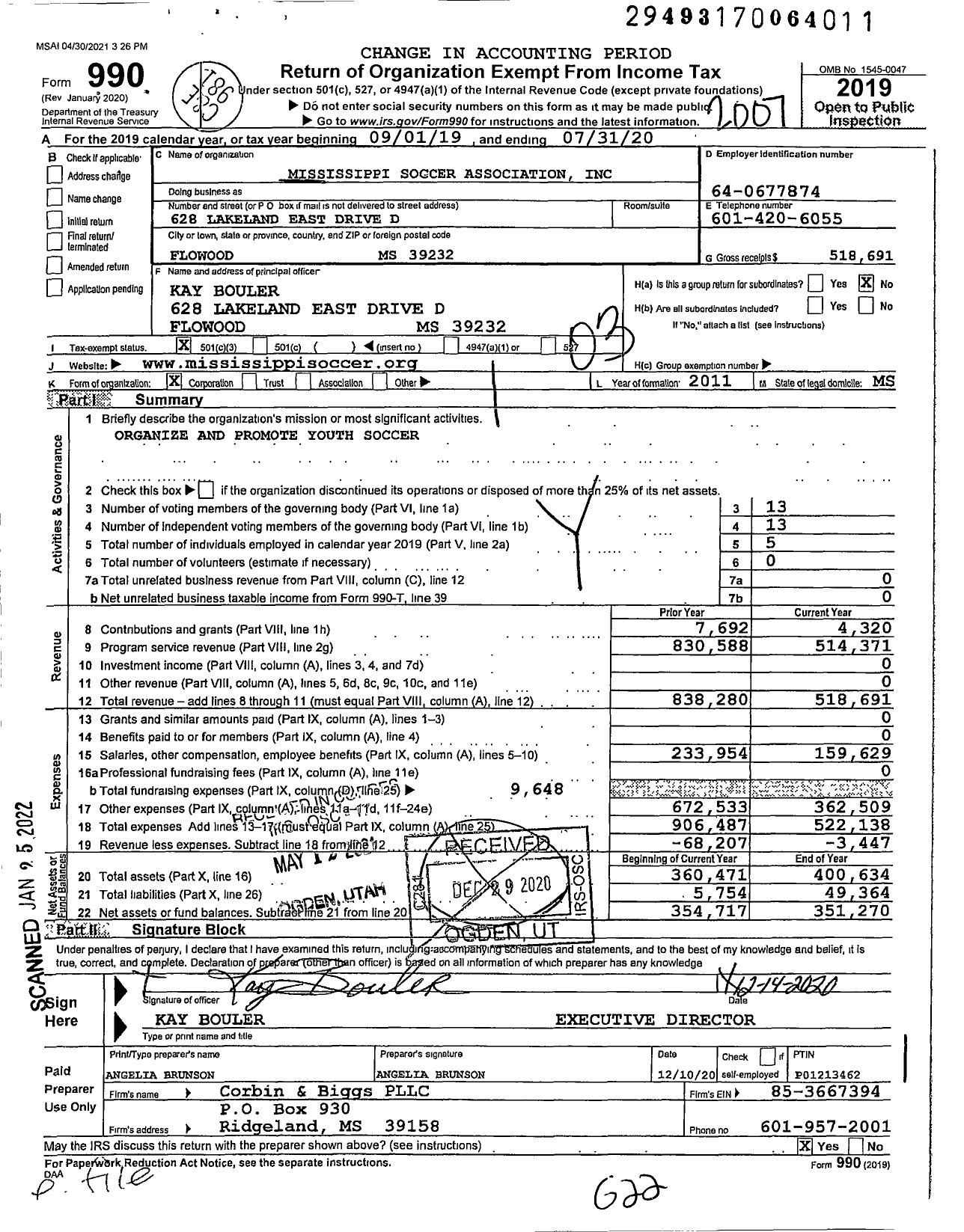 Image of first page of 2019 Form 990 for Mississippi Soccer Association