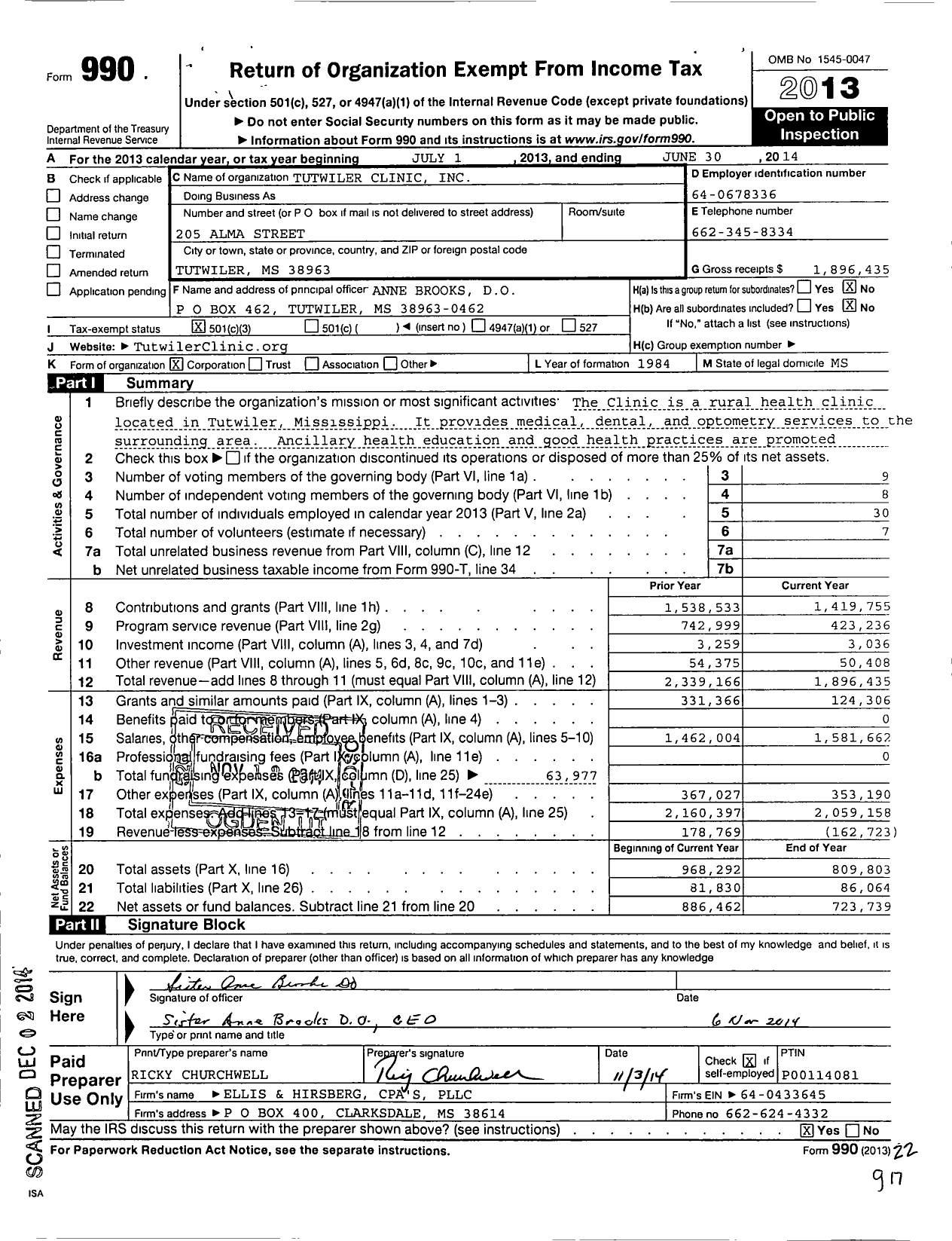 Image of first page of 2013 Form 990 for Tutwiler Clinc