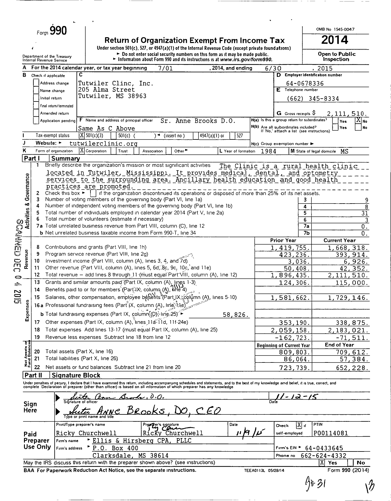 Image of first page of 2014 Form 990 for Tutwiler Clinc