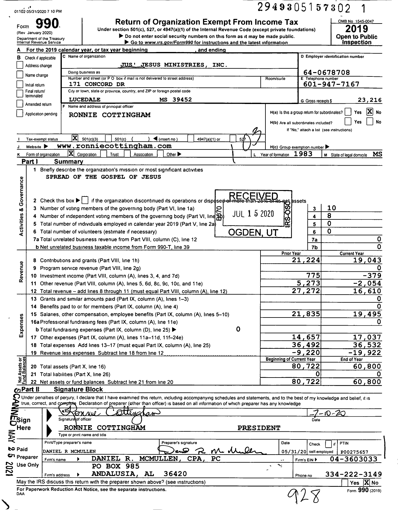 Image of first page of 2019 Form 990 for Jus Jesus Ministries