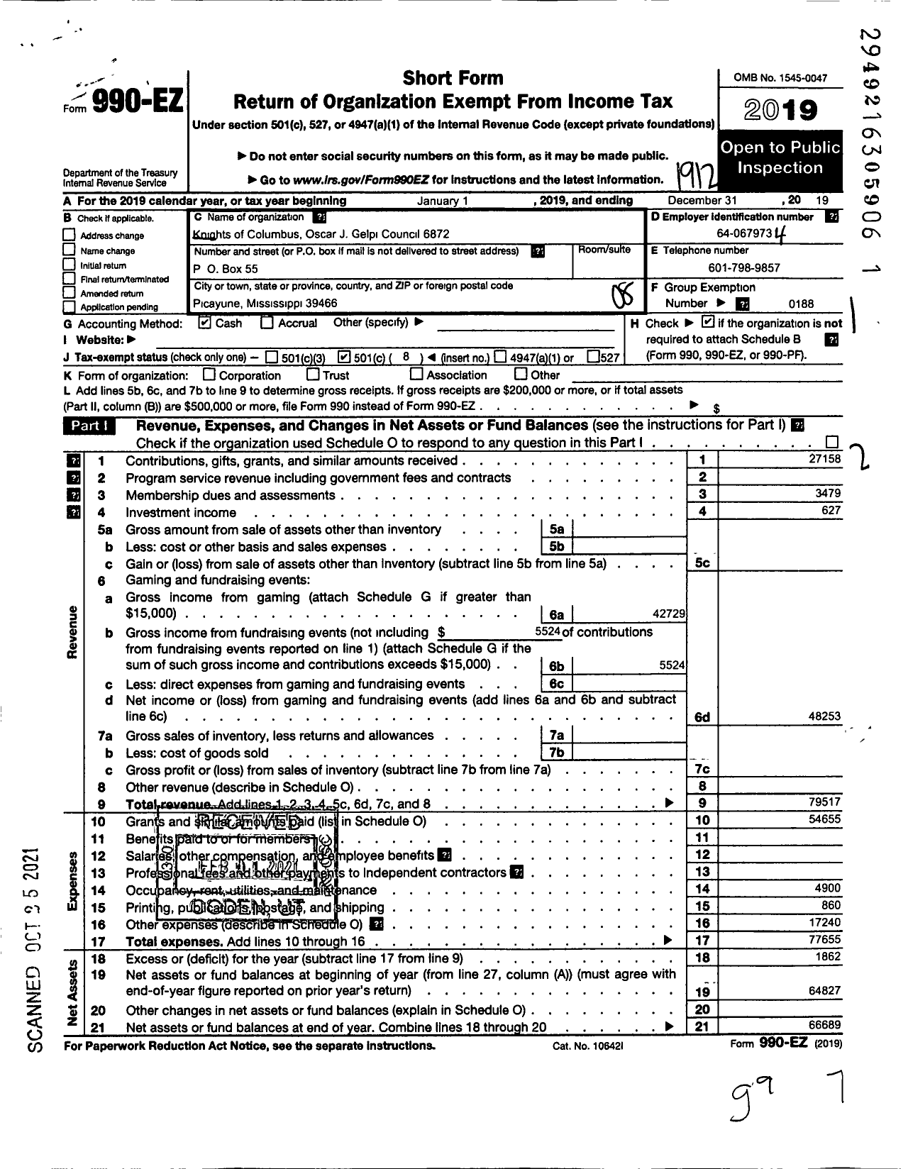 Image of first page of 2019 Form 990EO for Knights of Columbus - 6872 Oscar J Gelpi Council