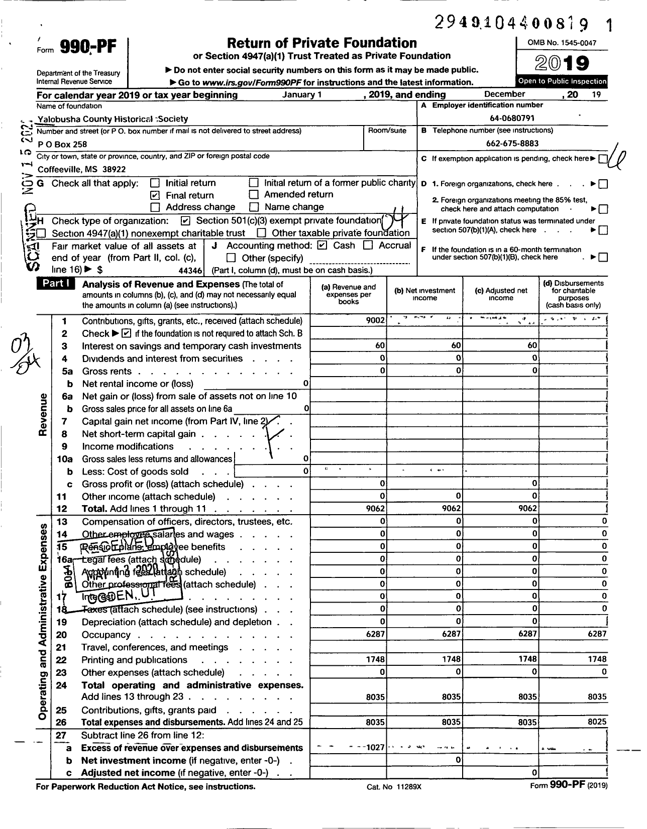 Image of first page of 2019 Form 990PF for Yalobusha County Historical Society