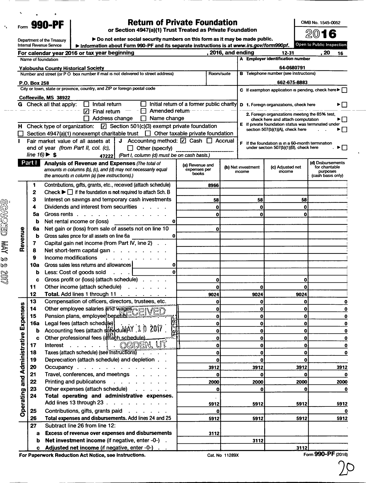 Image of first page of 2016 Form 990PF for Yalobusha County Historical Society