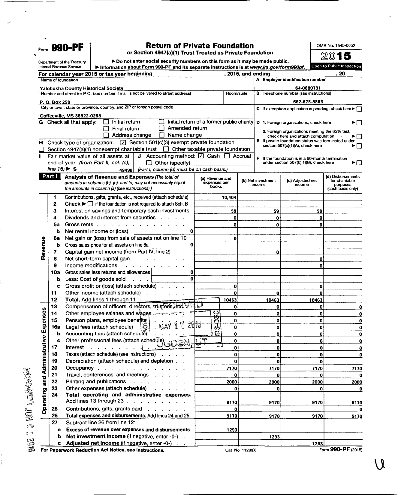 Image of first page of 2015 Form 990PF for Yalobusha County Historical Society