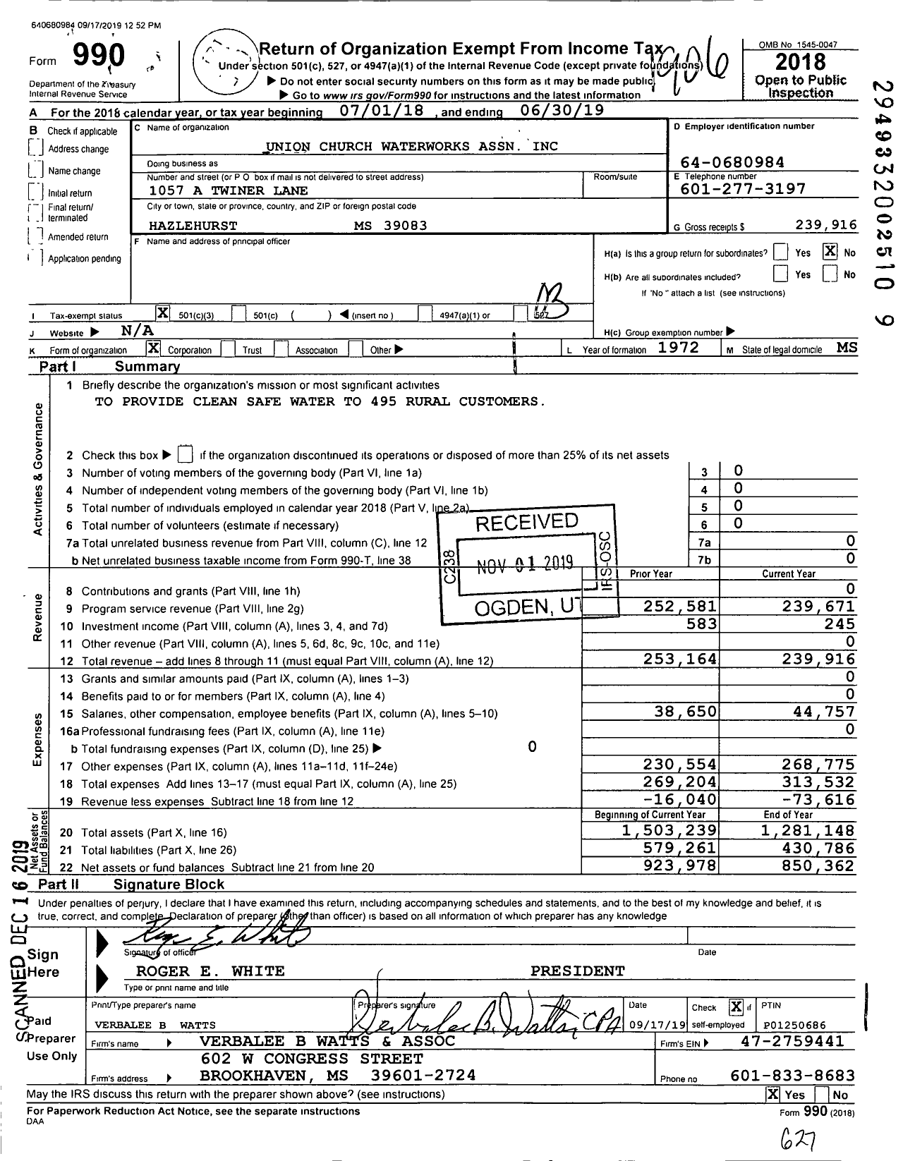 Image of first page of 2018 Form 990 for Union Church Waterworks Association