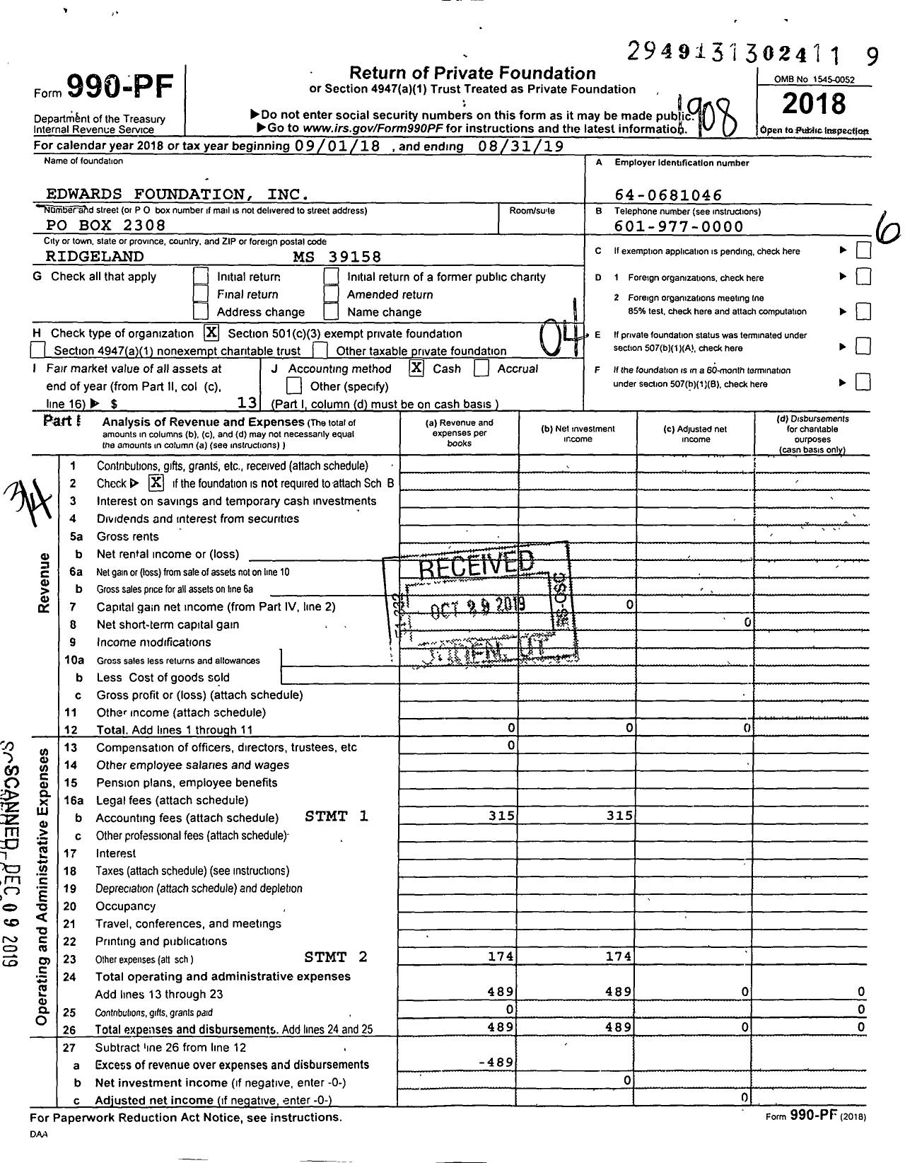 Image of first page of 2018 Form 990PF for Edwards Foundation