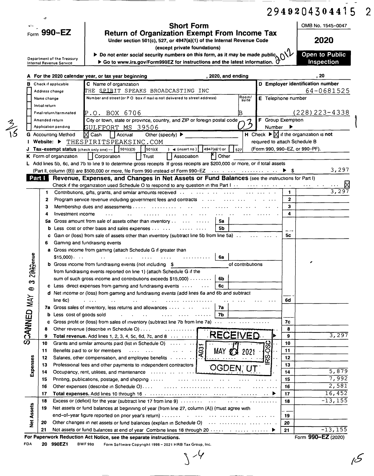 Image of first page of 2020 Form 990EZ for Spirit Speaks Broadcasting