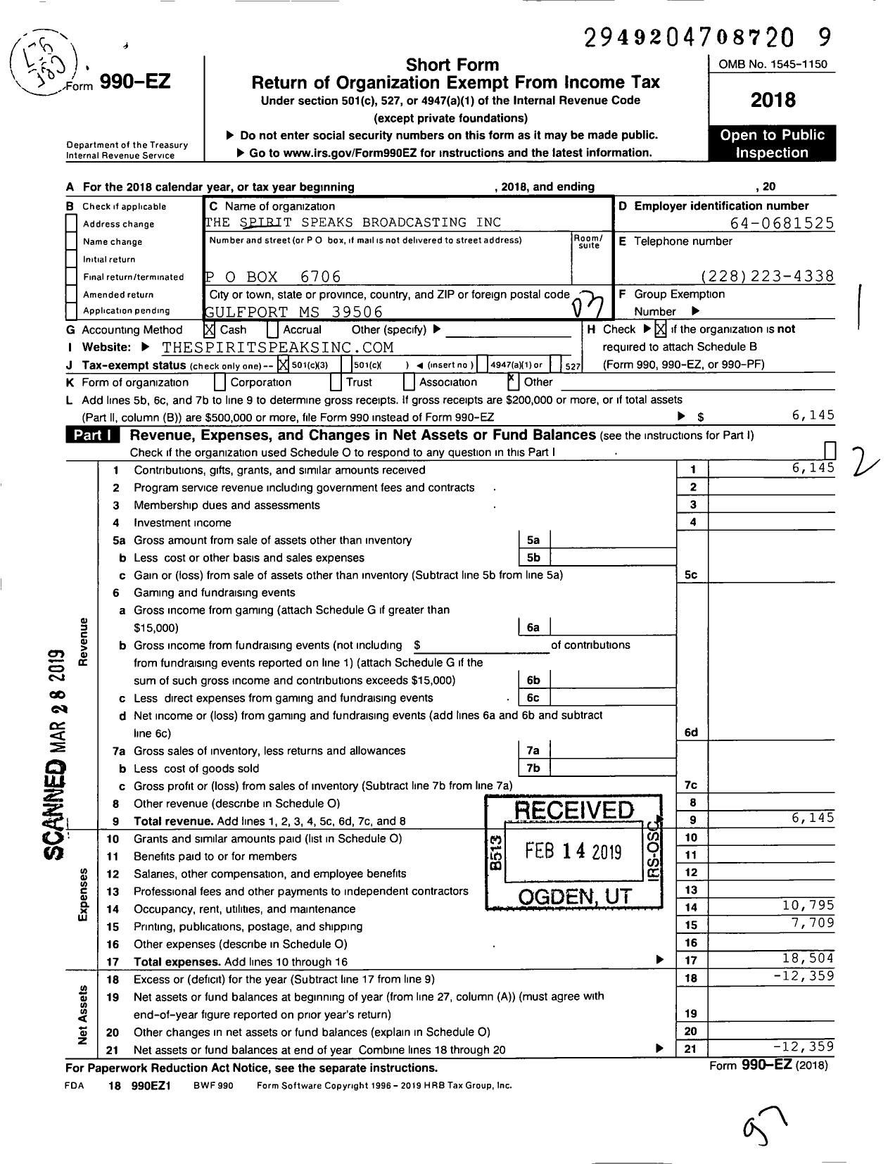 Image of first page of 2018 Form 990EZ for Spirit Speaks Broadcasting