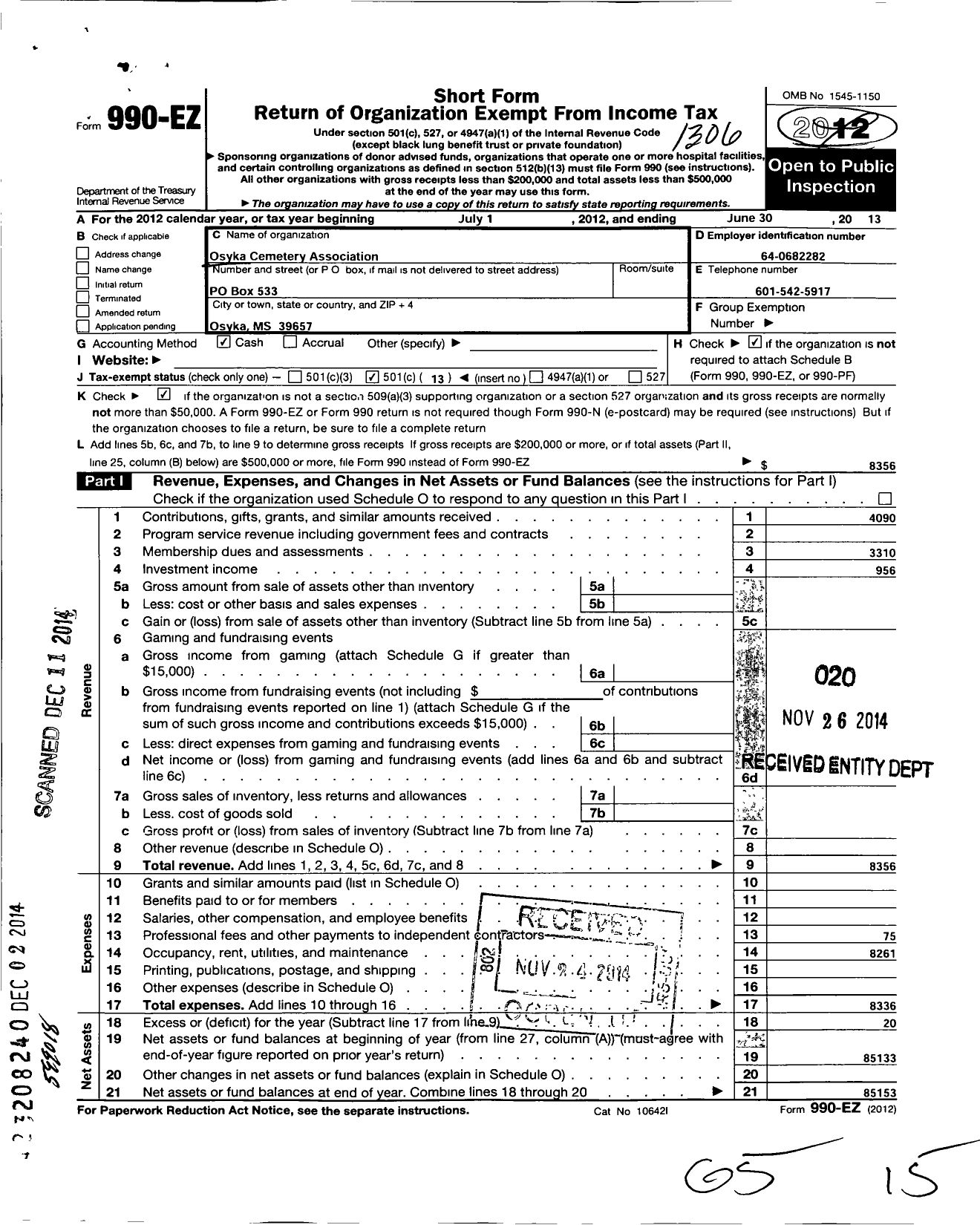 Image of first page of 2012 Form 990EO for Osyka Cemetery Association