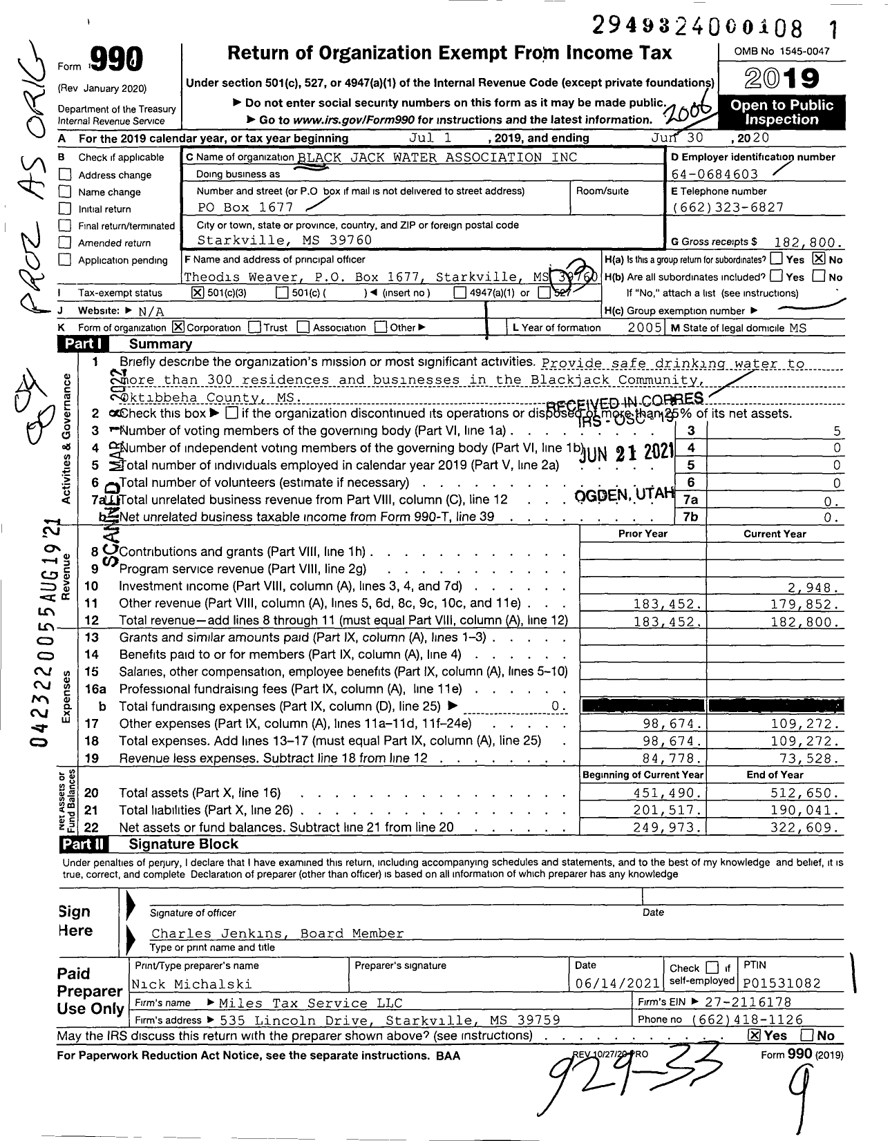 Image of first page of 2019 Form 990O for Blackjack Water Association