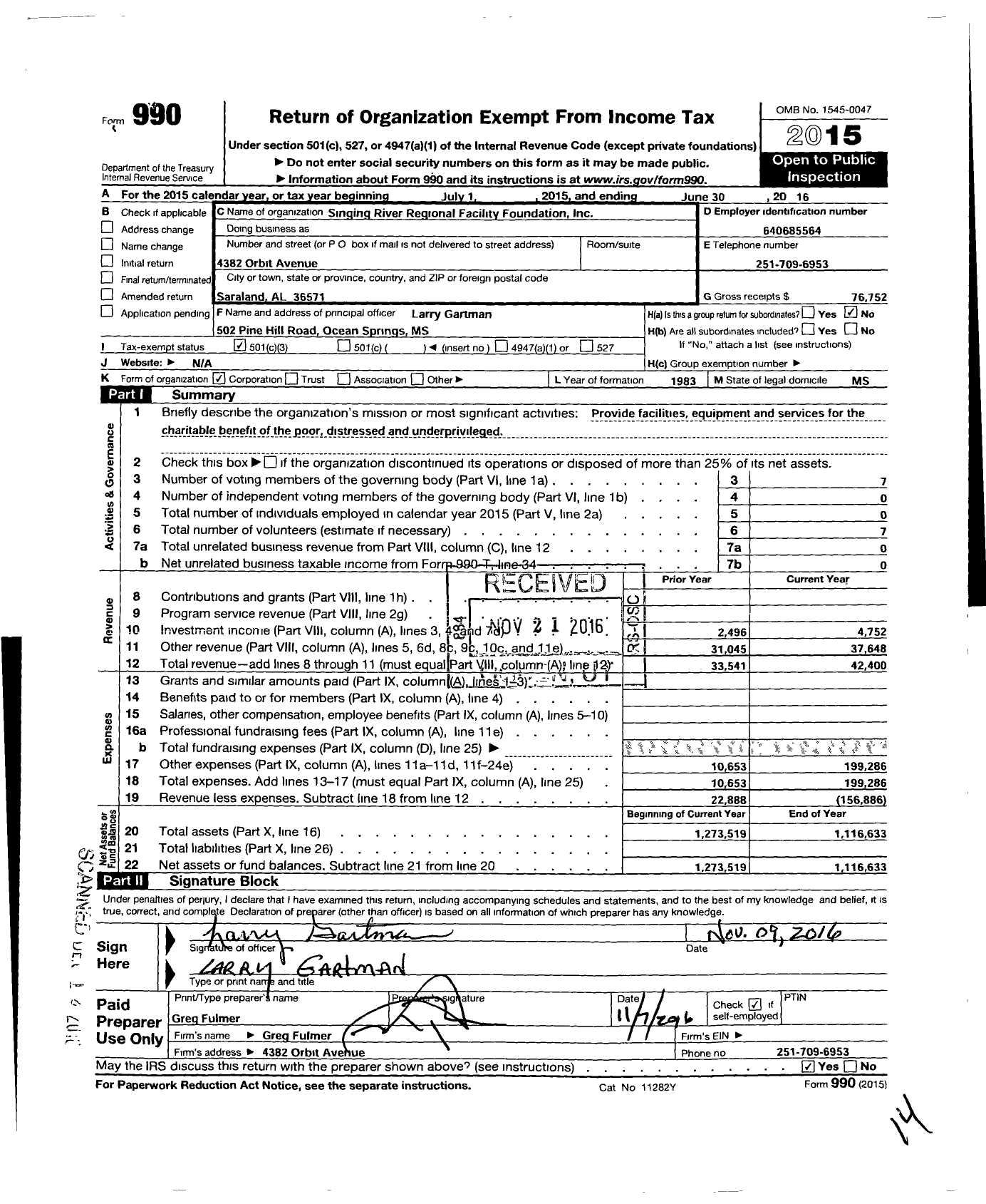 Image of first page of 2015 Form 990 for Singing River Regional Facility Foundation