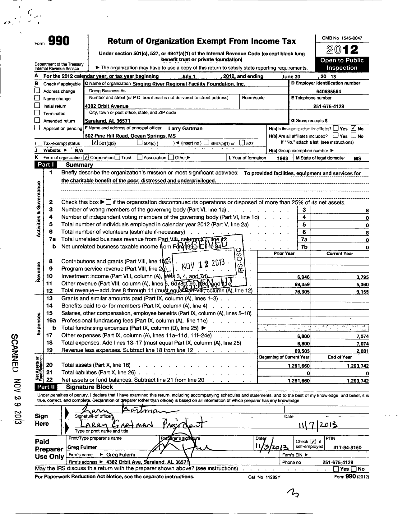 Image of first page of 2012 Form 990 for Singing River Regional Facility Foundation