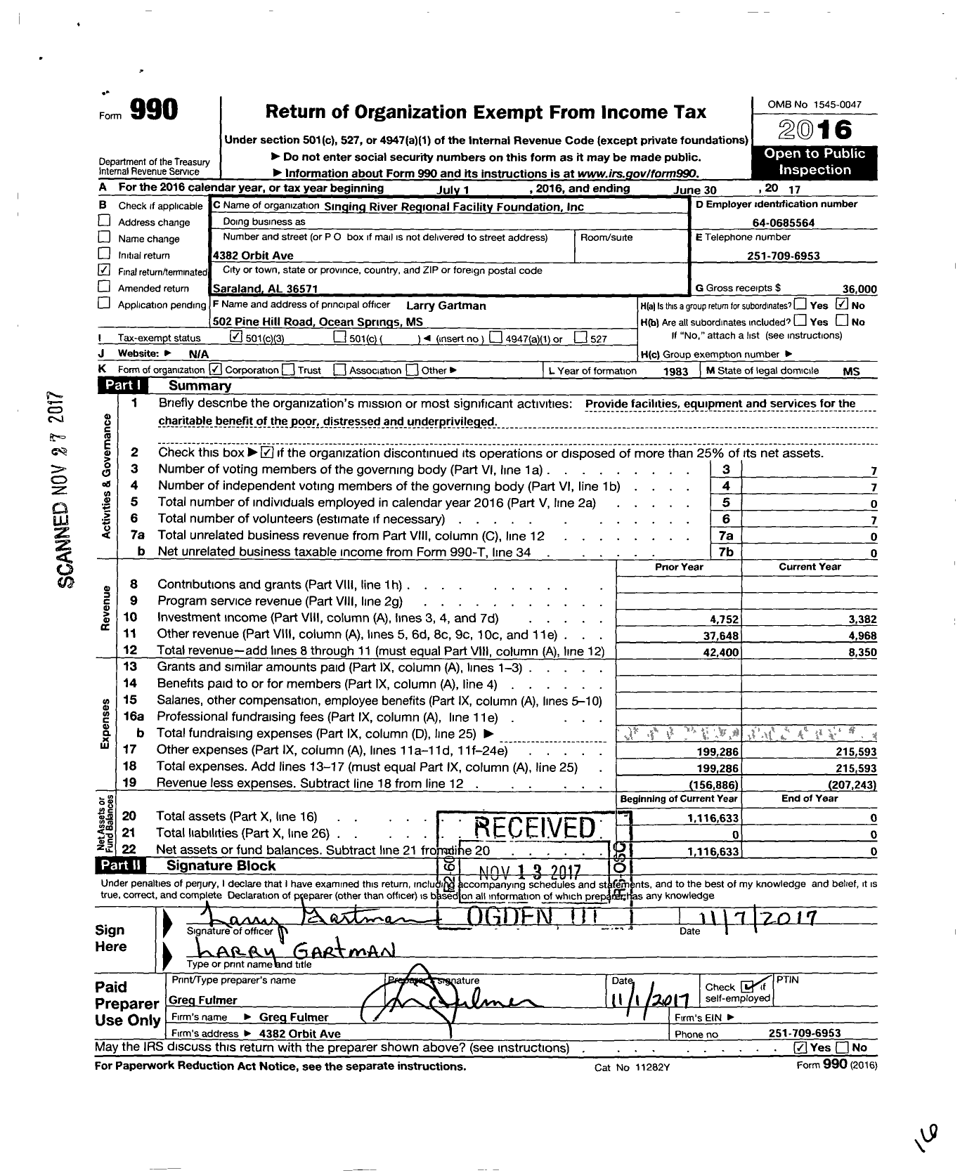 Image of first page of 2016 Form 990 for Singing River Regional Facility Foundation