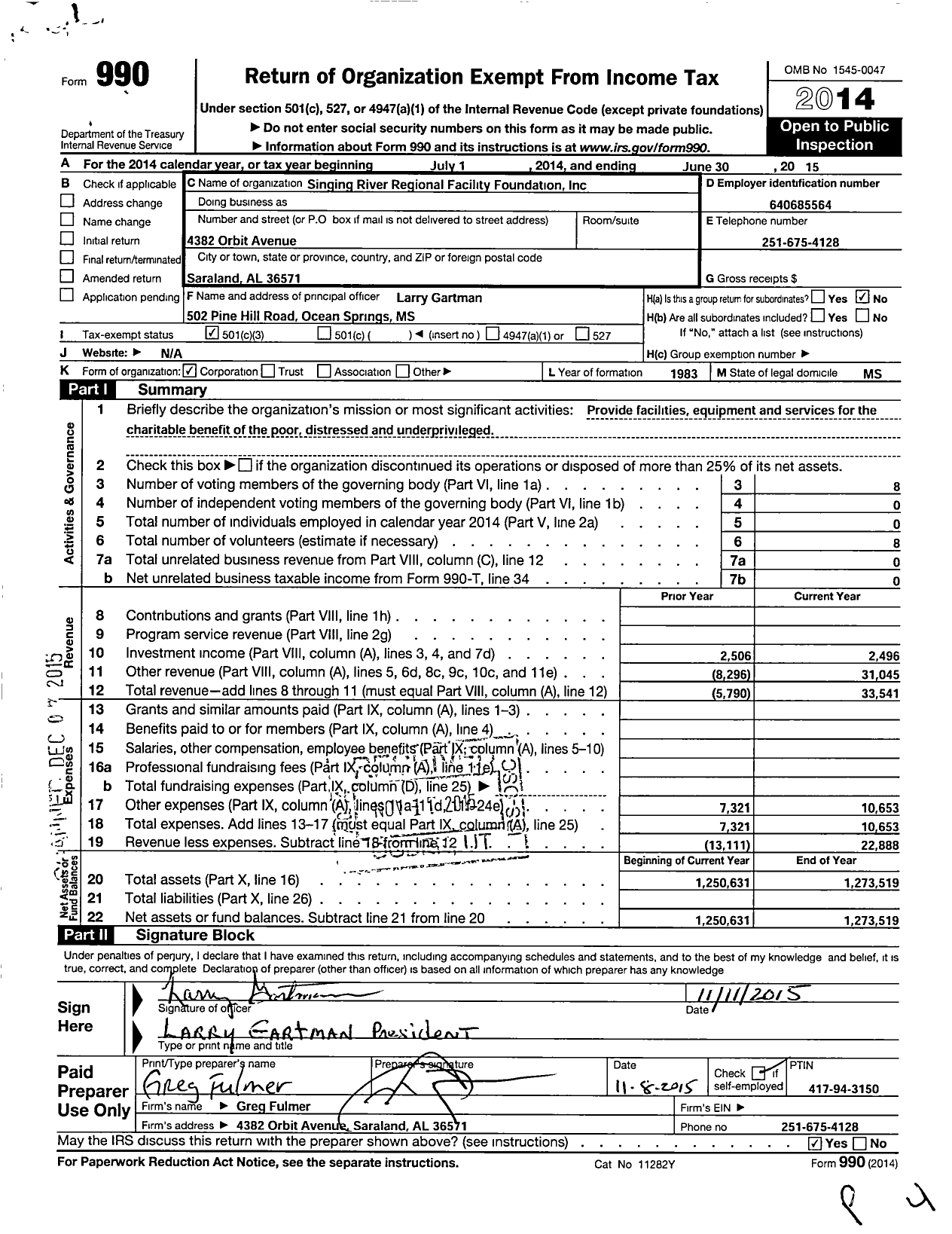 Image of first page of 2014 Form 990 for Singing River Regional Facility Foundation