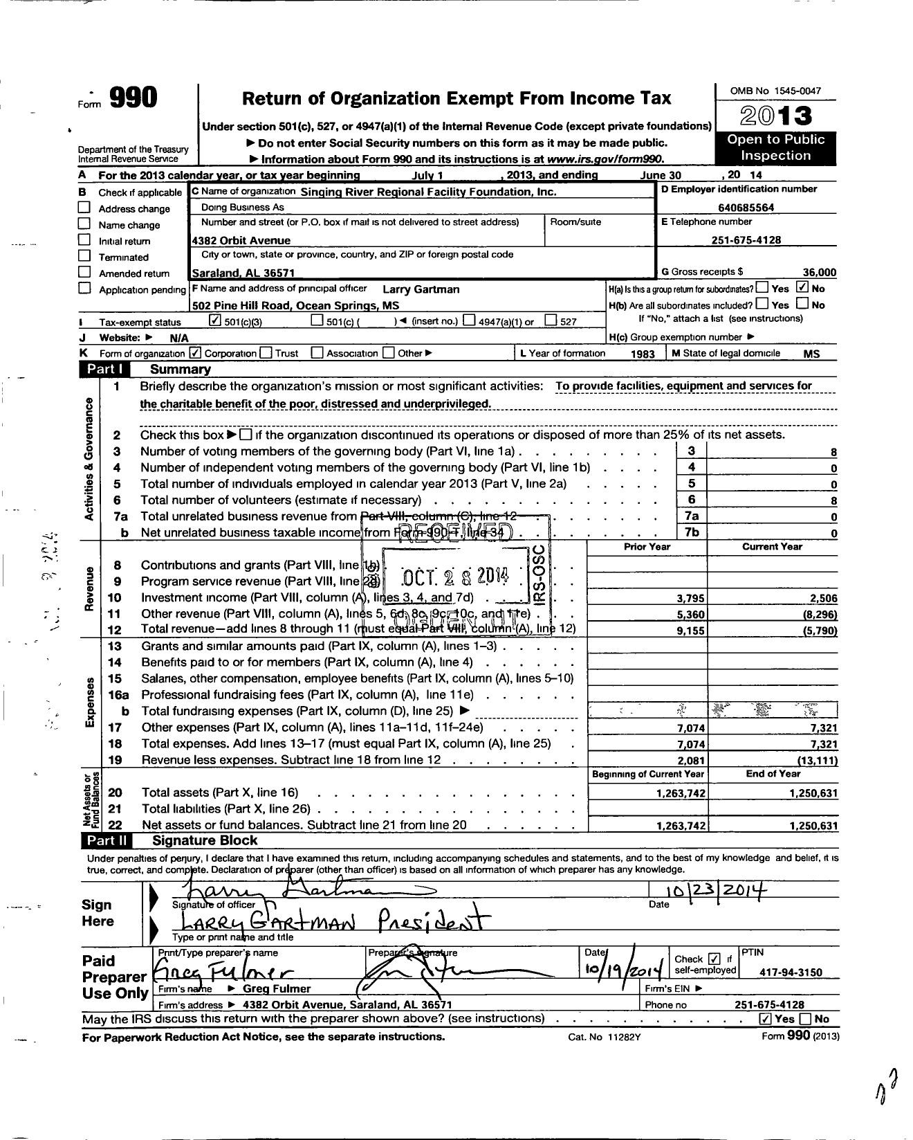 Image of first page of 2013 Form 990 for Singing River Regional Facility Foundation