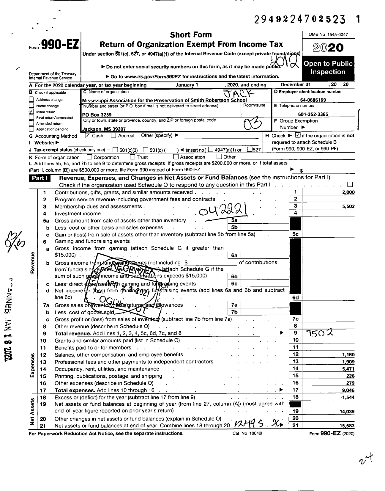 Image of first page of 2020 Form 990EZ for Jackson Mississippi Association for the Preservation of Smith Robertson School