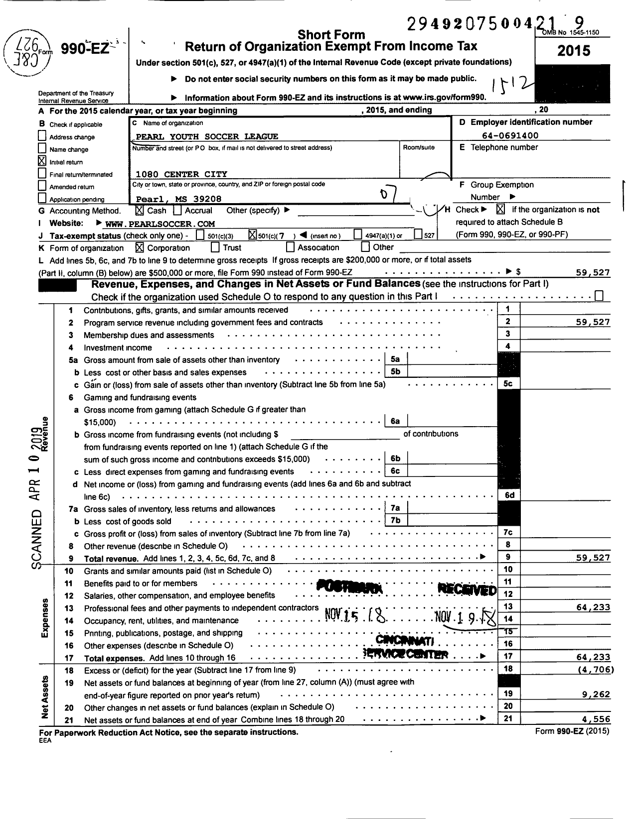 Image of first page of 2015 Form 990EO for Pearl Youth Soccer League