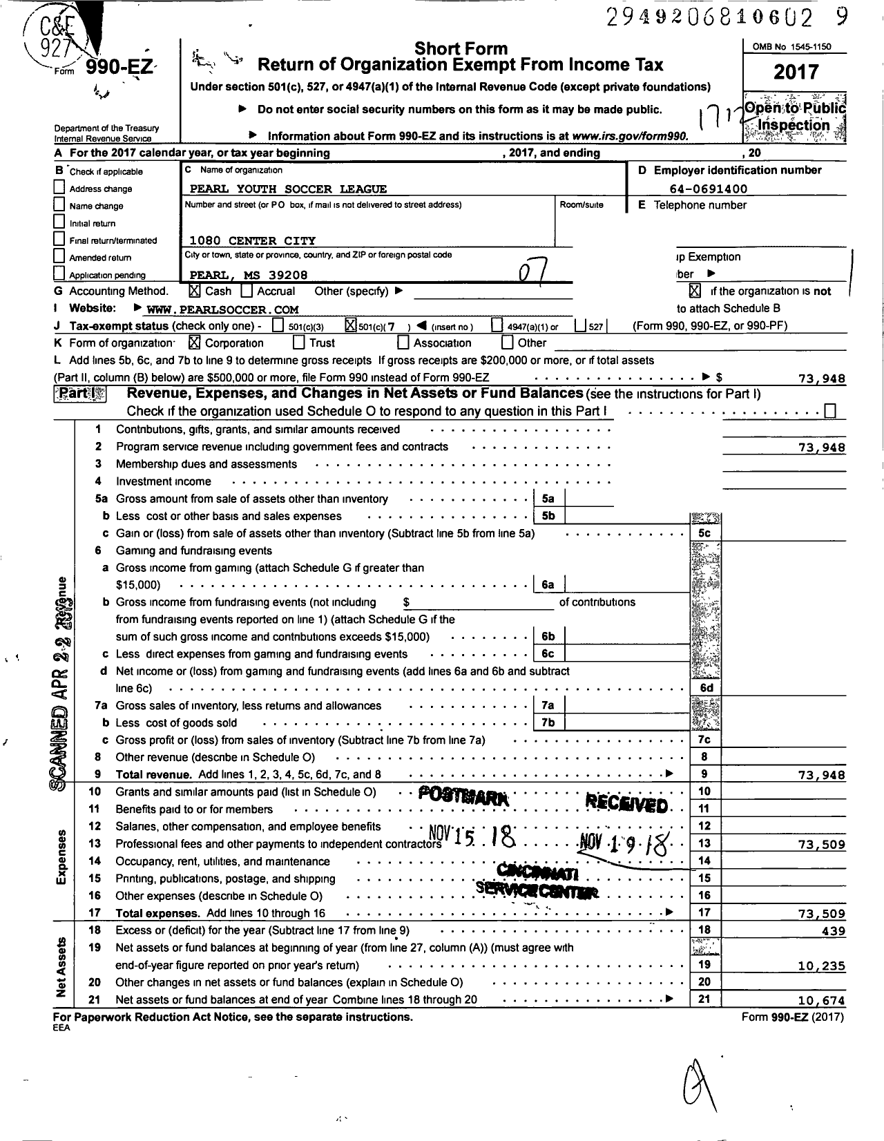 Image of first page of 2017 Form 990EO for Pearl Youth Soccer League