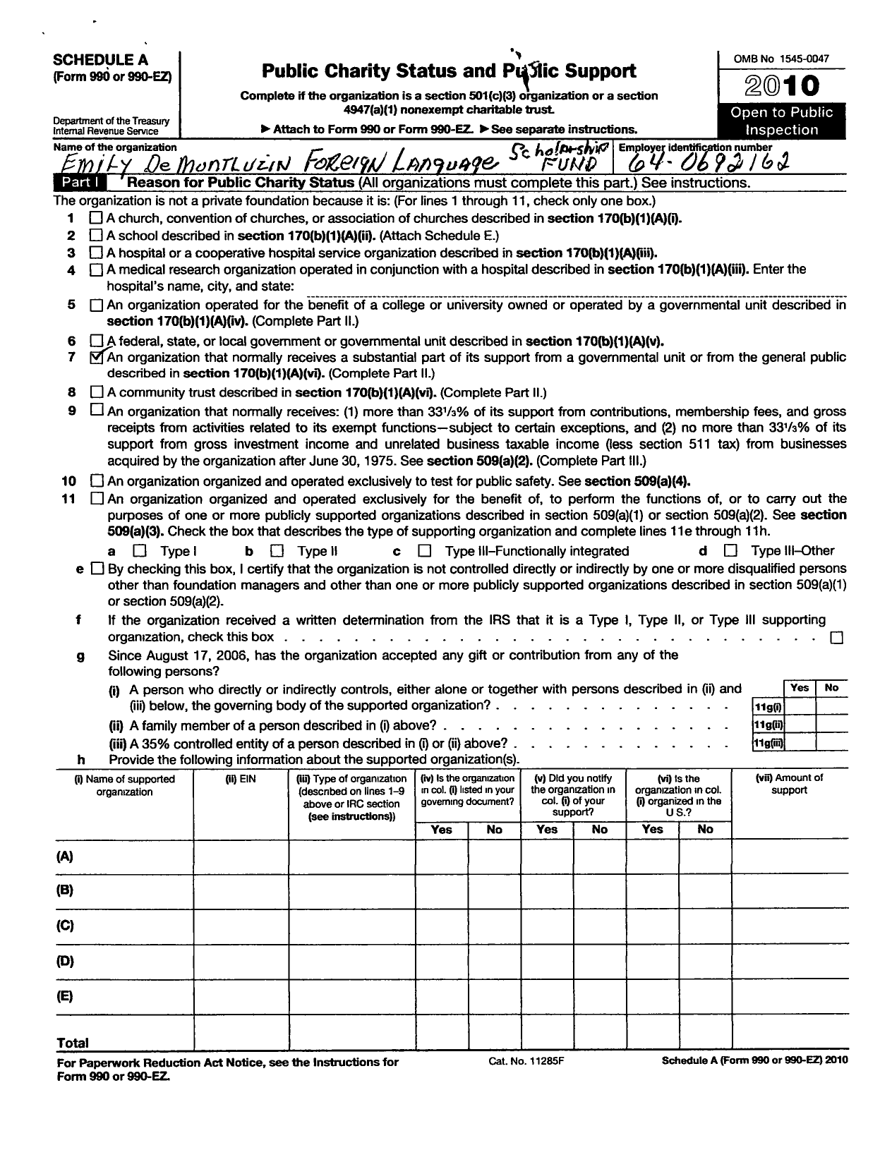 Image of first page of 2010 Form 990ER for The Emily de Montluzin Foreign Language Scholarship Fund
