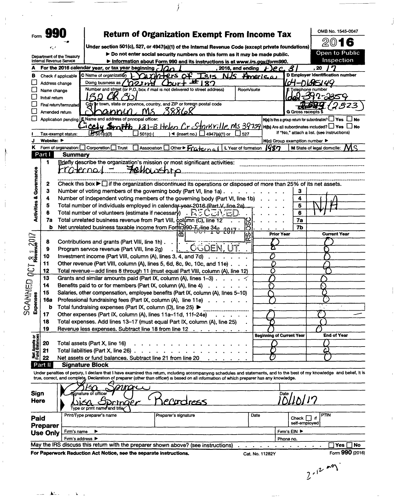 Image of first page of 2017 Form 990 for Daughters of Isis of North and South America - 187 Cazimi Court