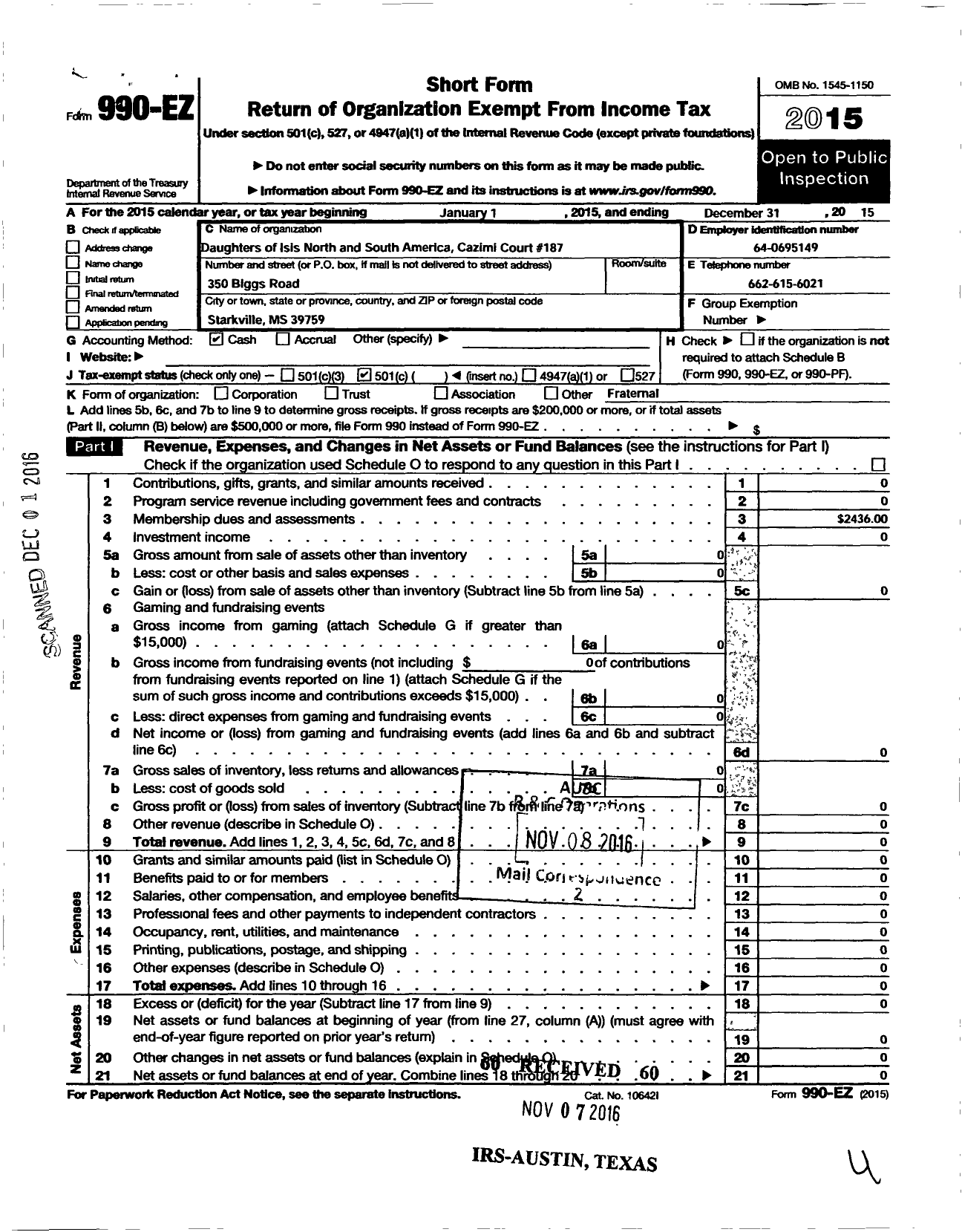 Image of first page of 2015 Form 990EO for Daughters of Isis of North and South America - 187 Cazimi Court