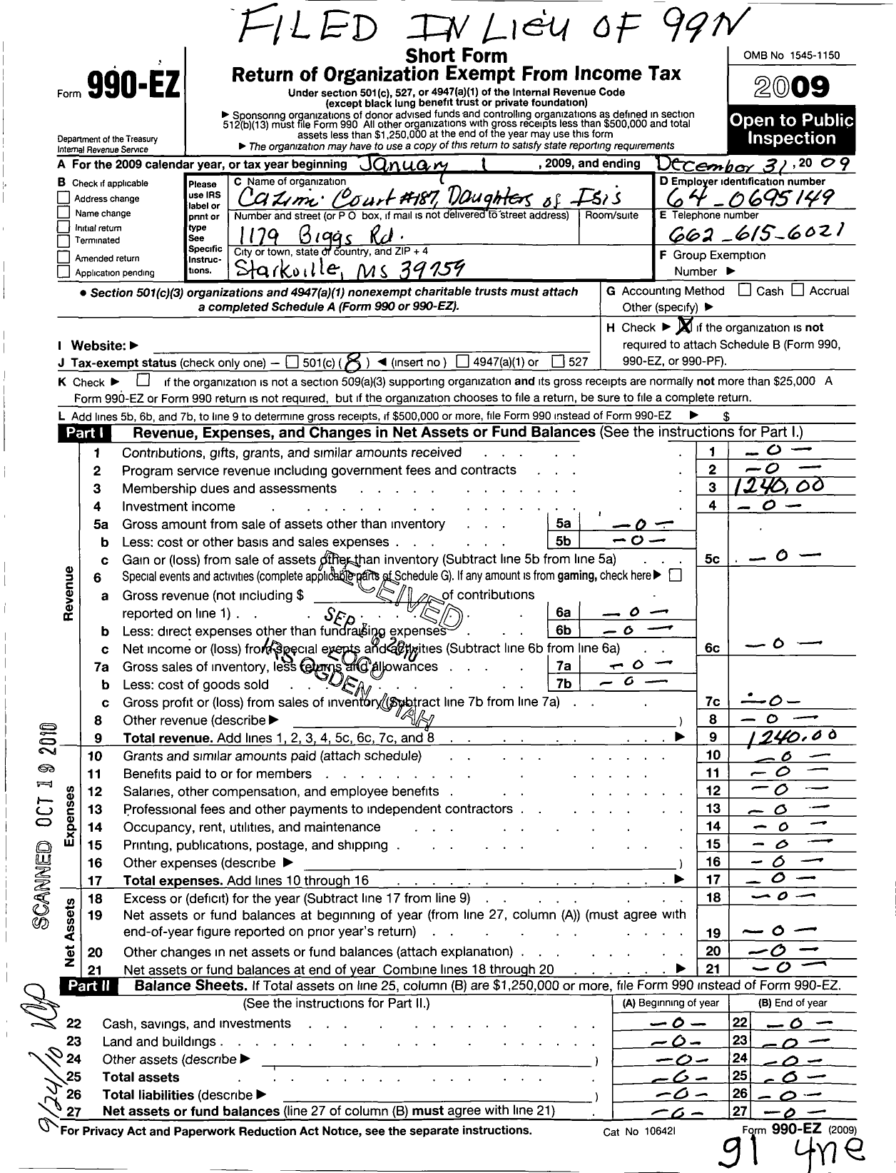 Image of first page of 2009 Form 990EO for Daughters of Isis of North and South America - 187 Cazimi Court