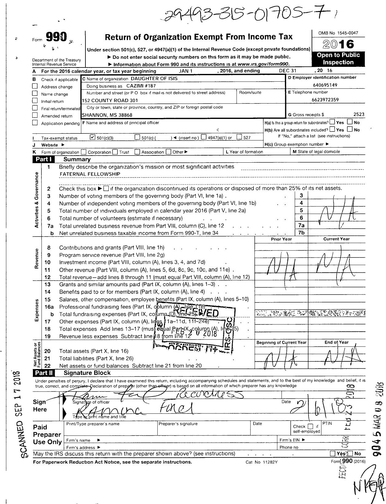 Image of first page of 2016 Form 990 for Daughters of Isis of North and South America - 187 Cazimi Court