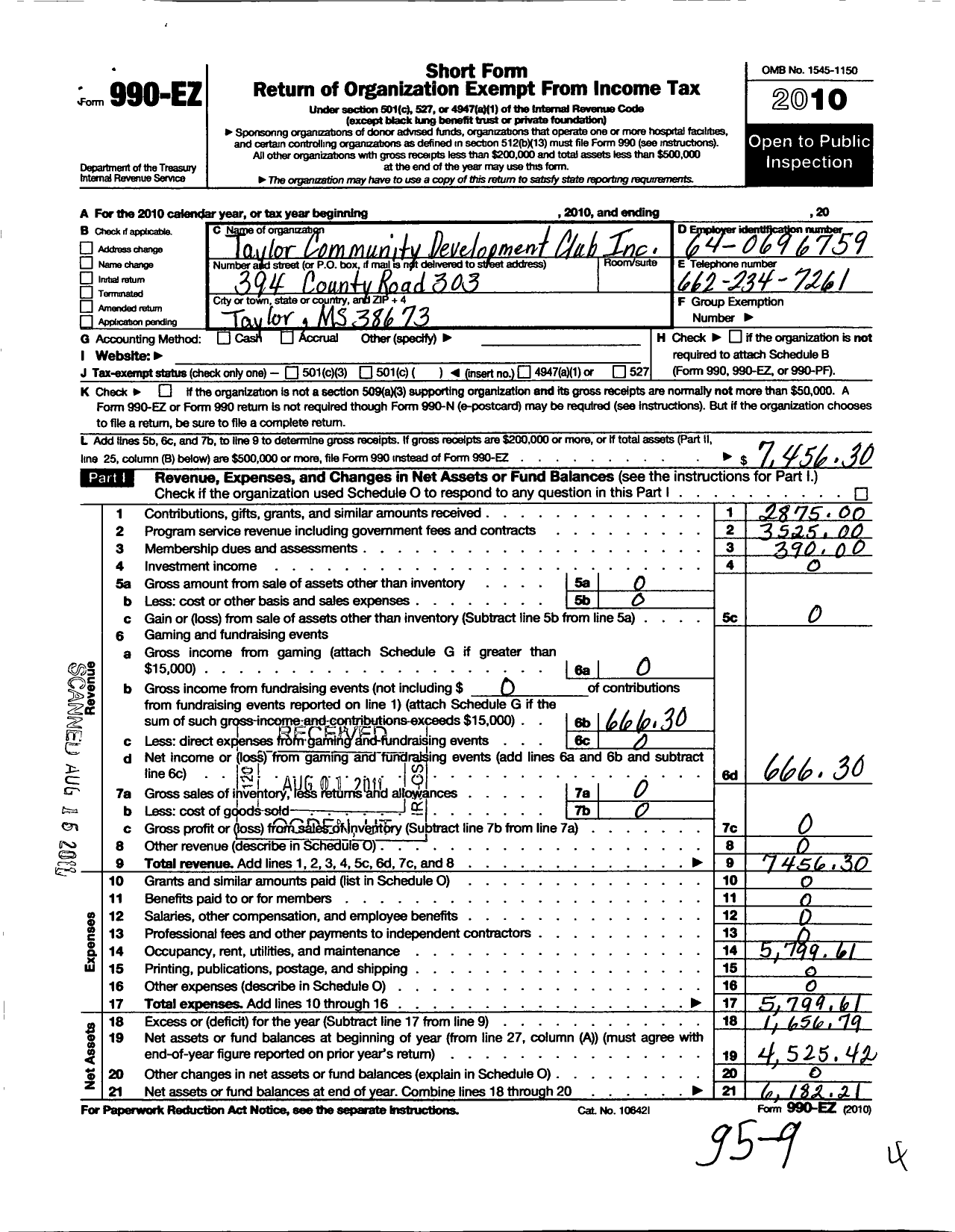 Image of first page of 2010 Form 990EO for Taylor Community Development Club