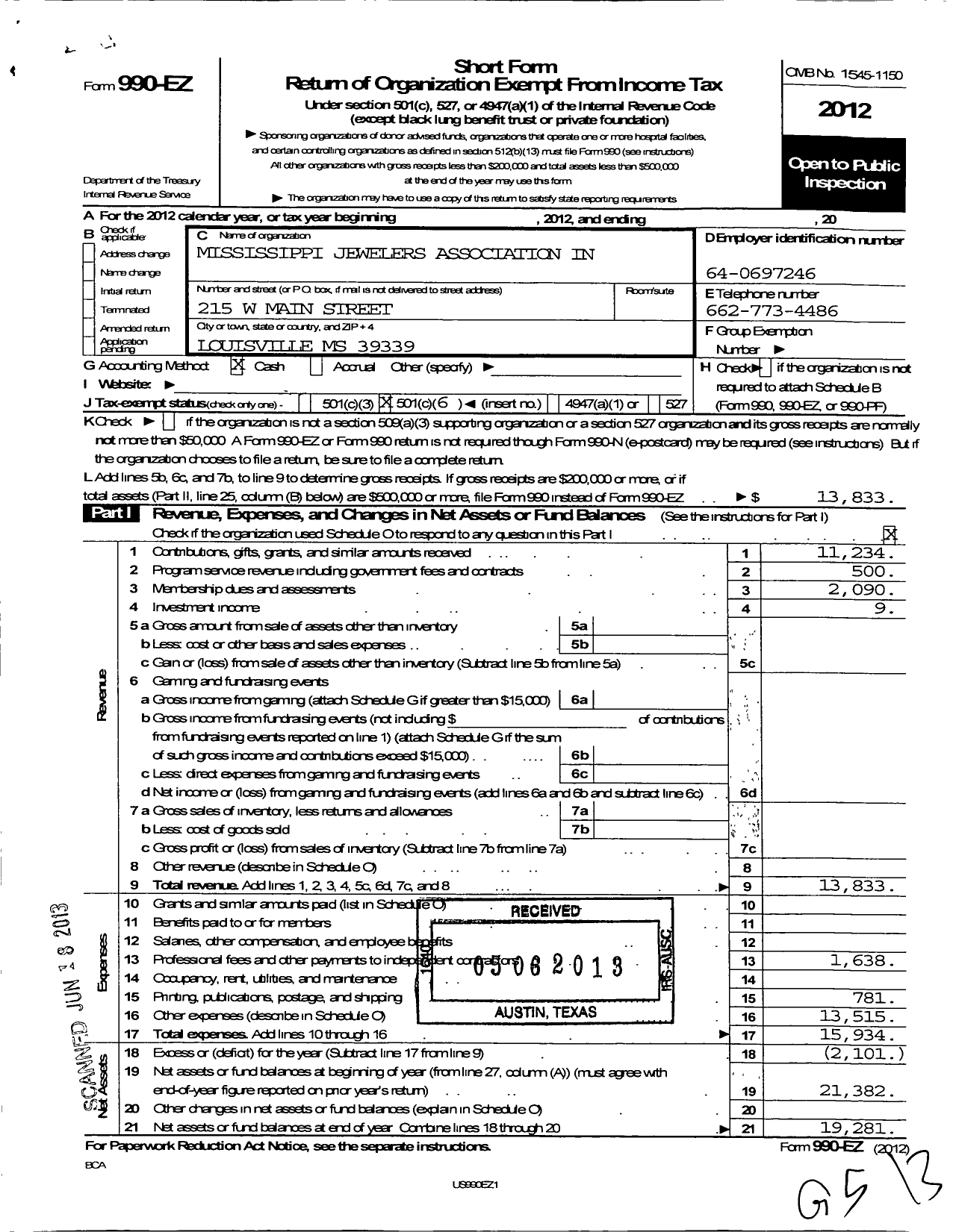 Image of first page of 2012 Form 990EO for Mississippi Jewelers Association