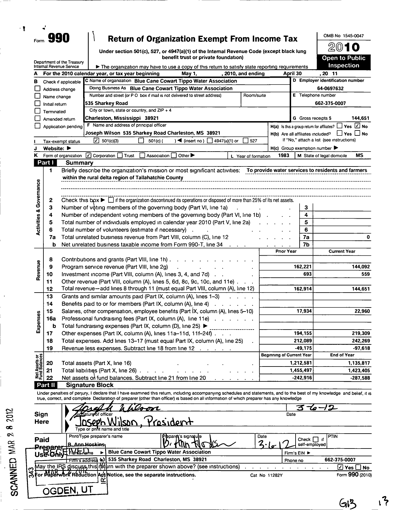 Image of first page of 2010 Form 990 for Blue Cane-Cowart-Tippo Water