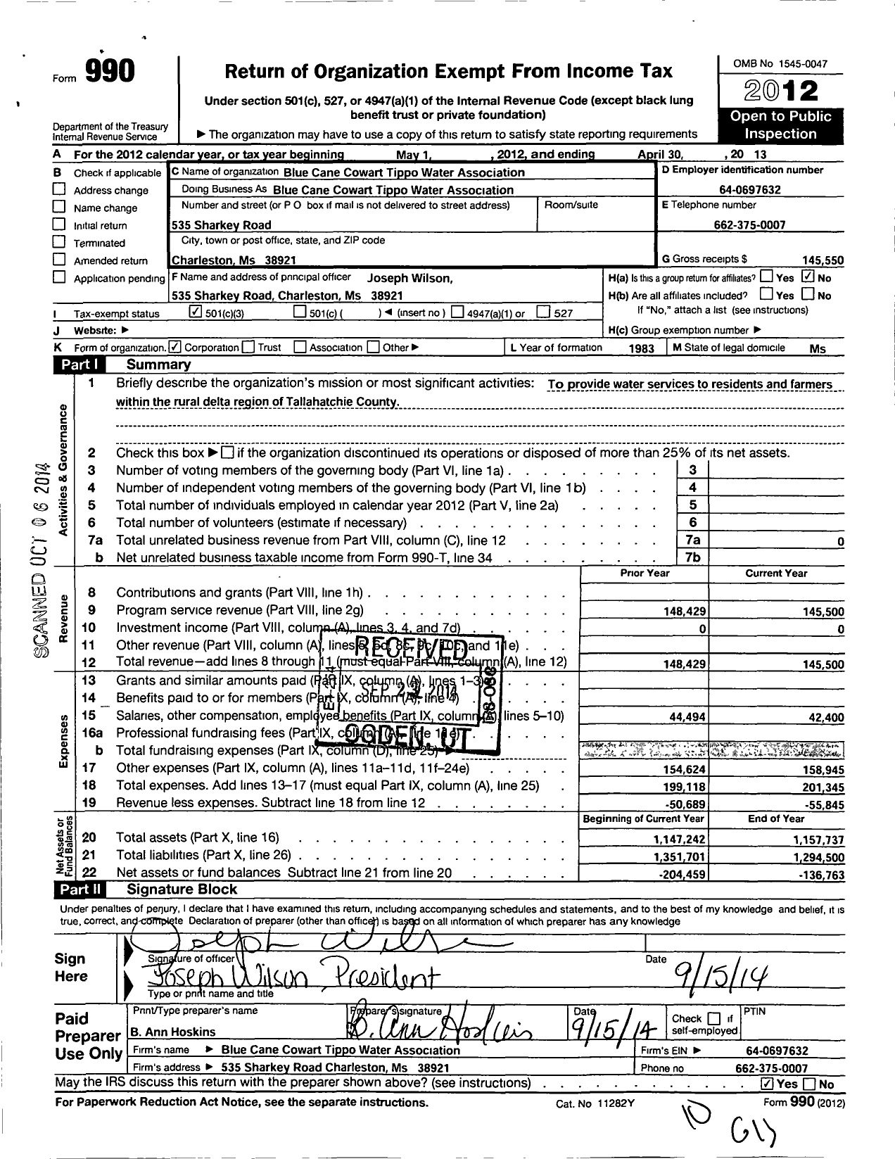 Image of first page of 2012 Form 990 for Blue Cane-Cowart-Tippo Water