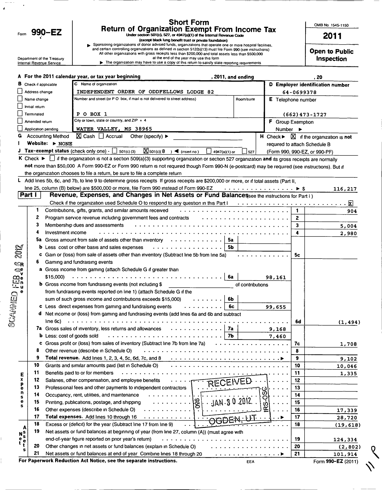 Image of first page of 2011 Form 990EO for Independent Order of Odd Fellows - 82 Water Valley Lodge