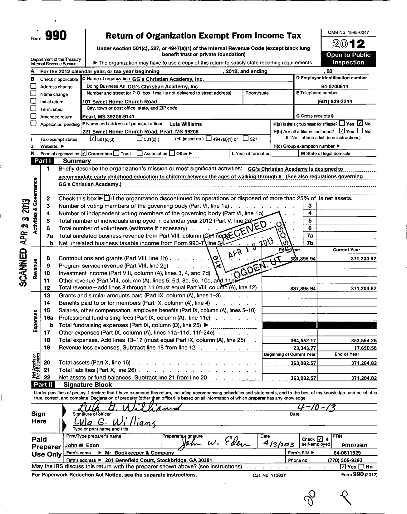 Image of first page of 2012 Form 990 for GG'S Christian Academy