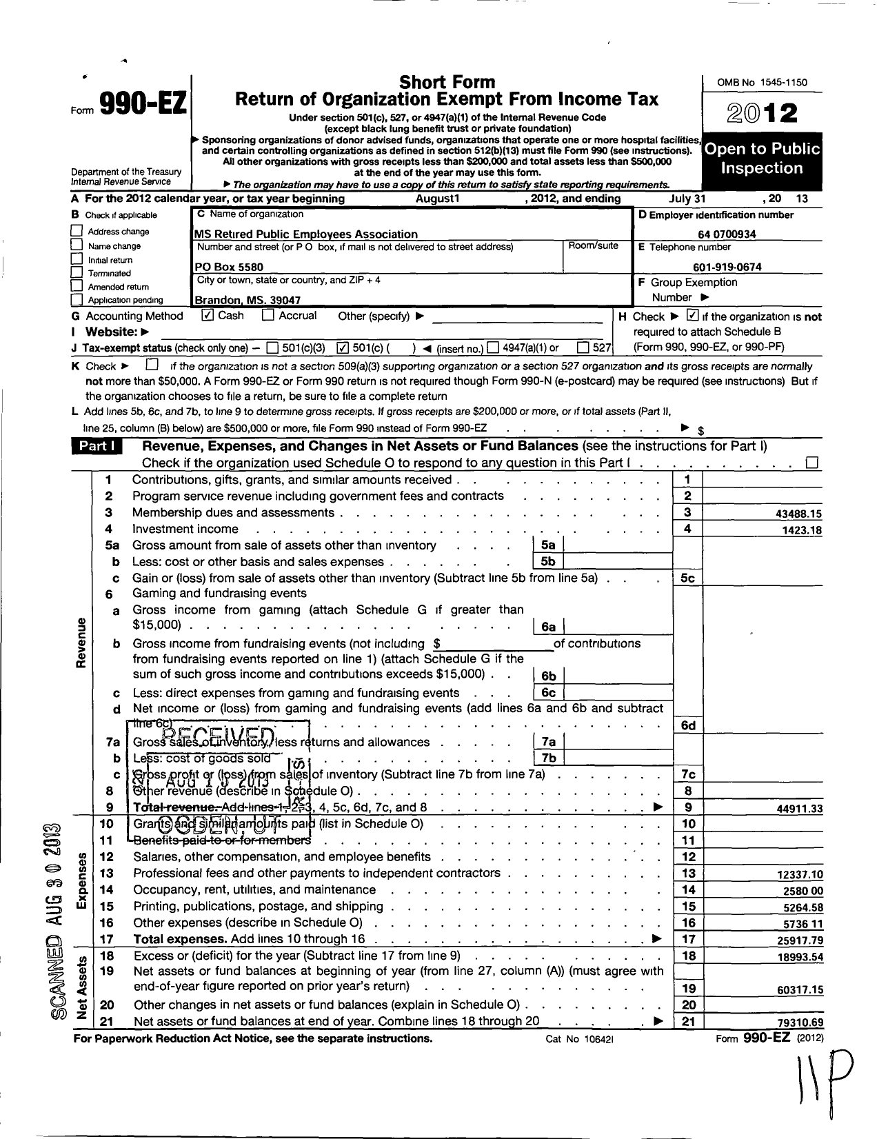 Image of first page of 2012 Form 990EO for Mississippi Retired Public Employees Association