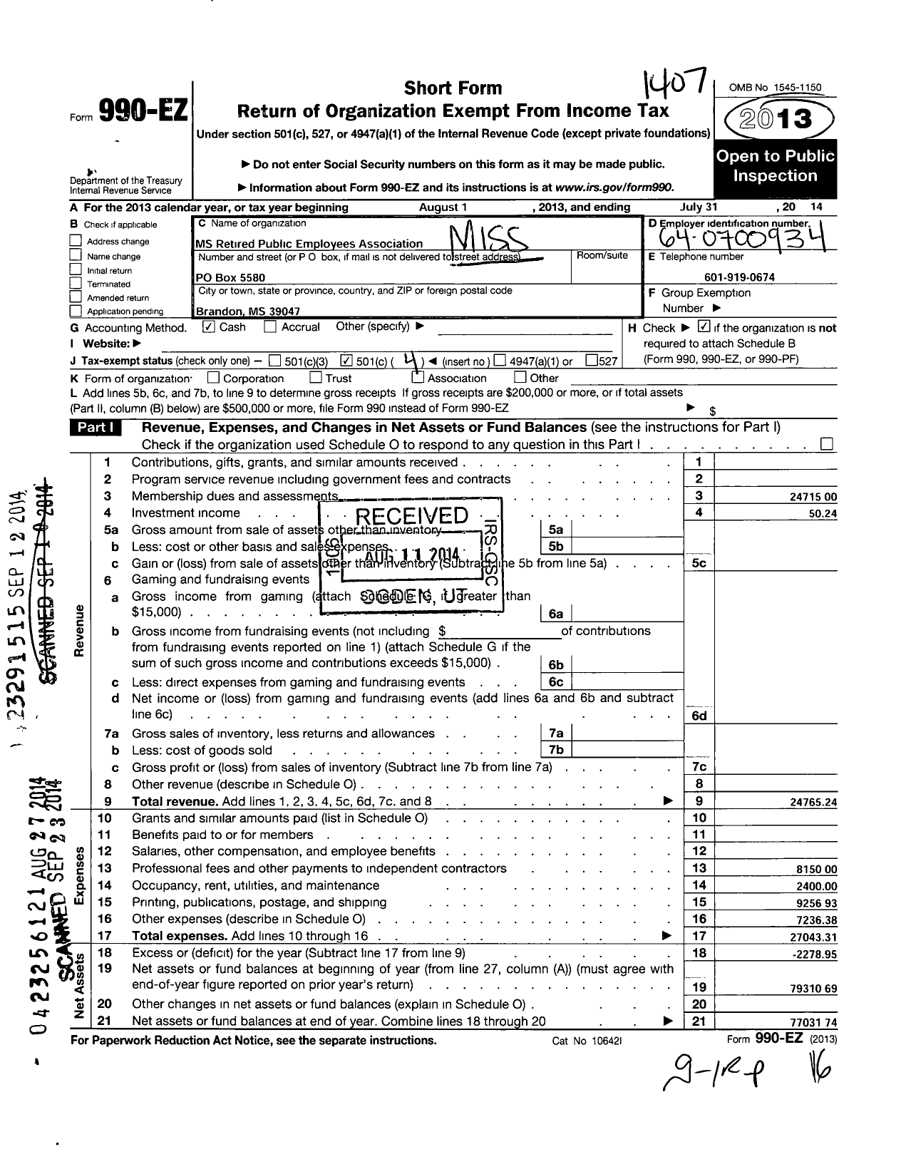 Image of first page of 2013 Form 990EO for Mississippi Retired Public Employees Association