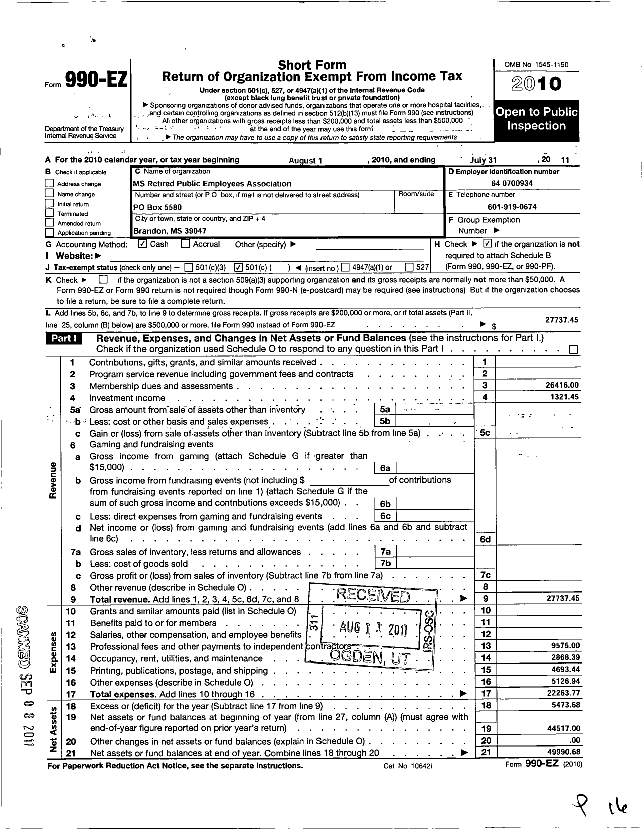 Image of first page of 2010 Form 990EO for Mississippi Retired Public Employees Association