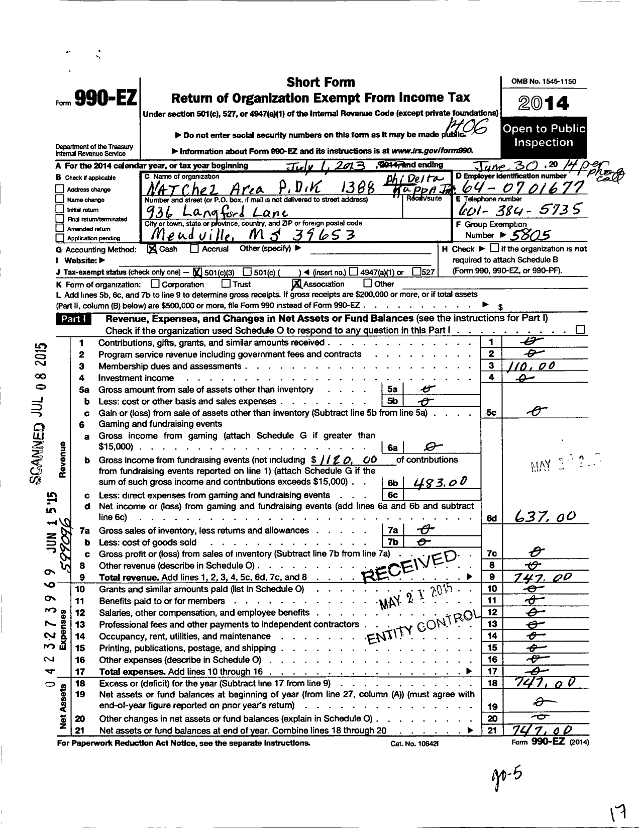 Image of first page of 2013 Form 990EZ for Phi Delta Kappa International - 1388 Natchez Mississippi Chapter