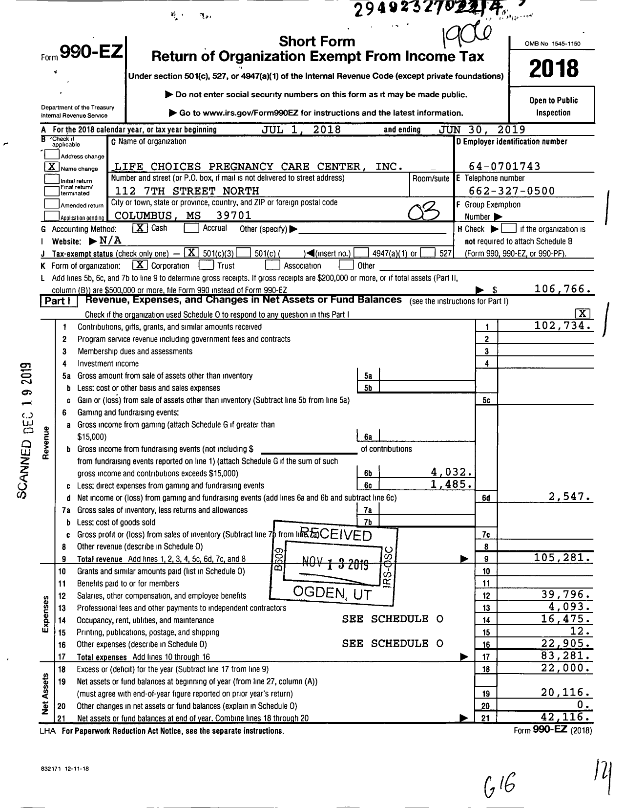 Image of first page of 2018 Form 990EZ for Life Choices Pregnancy Care Center