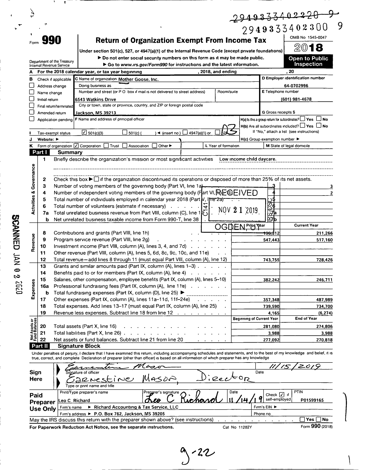 Image of first page of 2018 Form 990 for Mother Goose