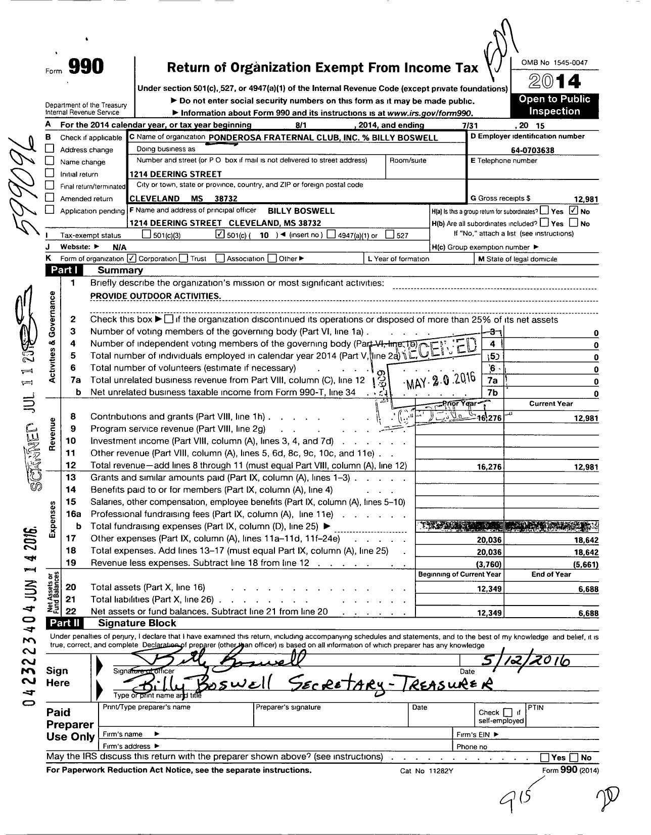 Image of first page of 2014 Form 990O for Ponderosa Fraternal Club