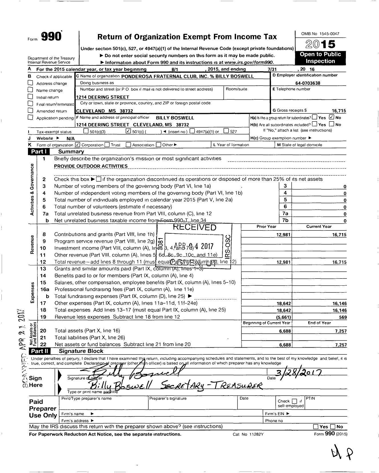 Image of first page of 2015 Form 990O for Ponderosa Fraternal Club