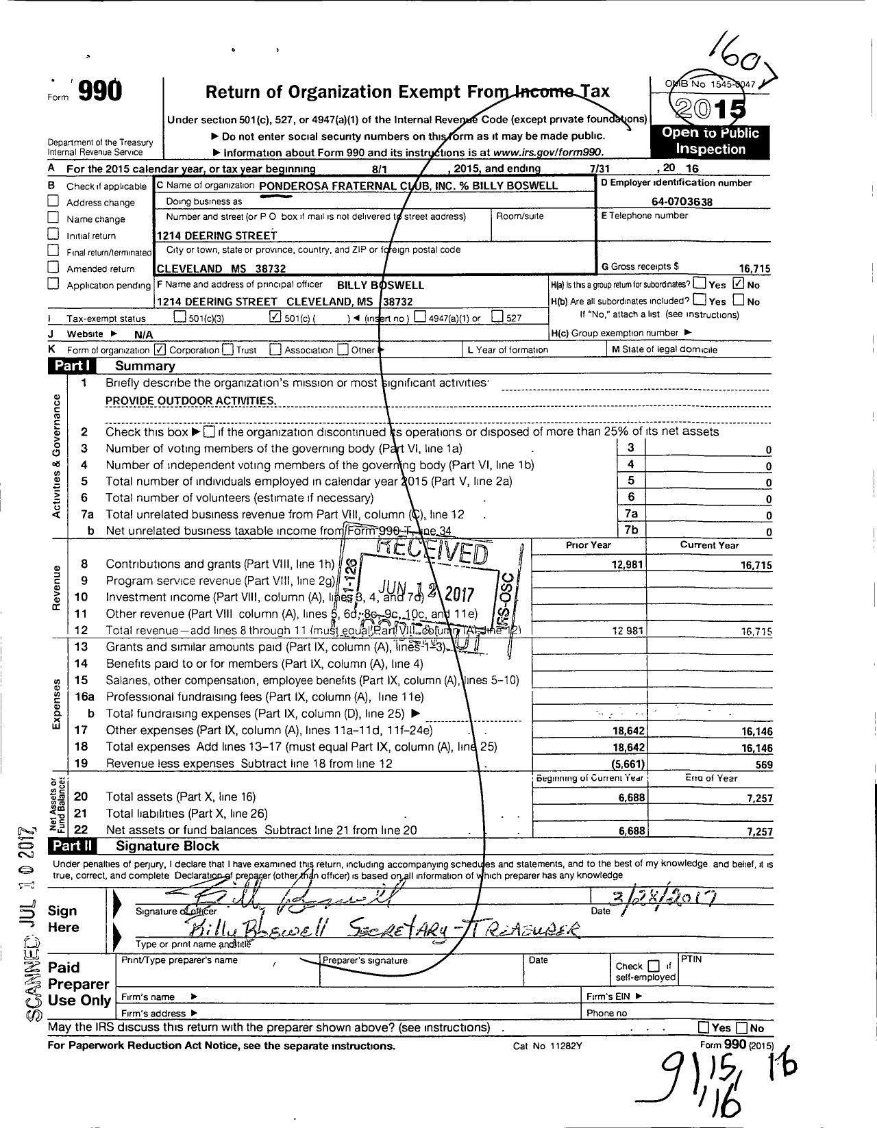 Image of first page of 2015 Form 990O for Ponderosa Fraternal Club